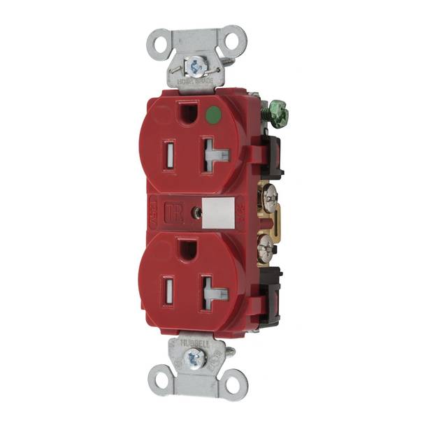 Wiring Device-Kellems Hubbell-PRO™ 8300REDTRA 1-Phase Duplex Heavy Duty Standard Tamper-Resistant Screw Mount Straight Blade Receptacle, 125 VAC, 20 A, 2 Poles, 3 Wires, Red