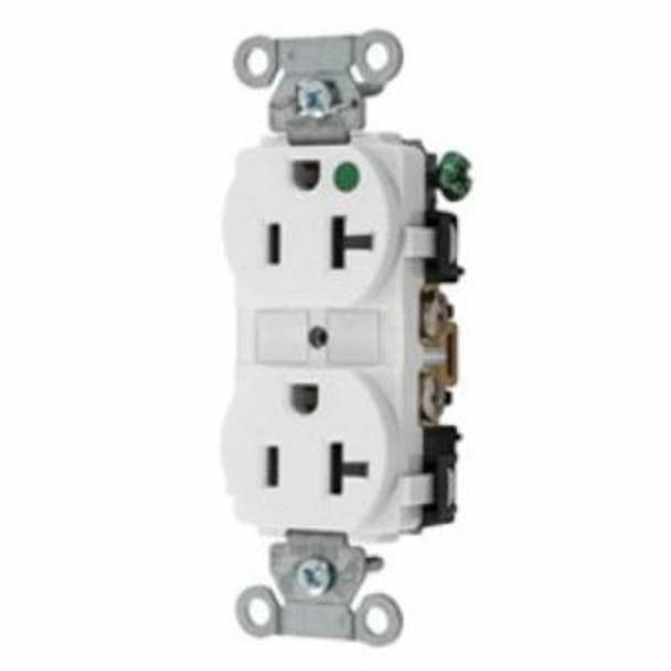 Wiring Device-Kellems Hubbell-PRO™ 8300WHI 1-Phase Duplex Self-Grounding Heavy Duty Standard Traditional Screw Mount Straight Blade Receptacle, 125 VAC, 20 A, 2 Poles, 3 Wires, White
